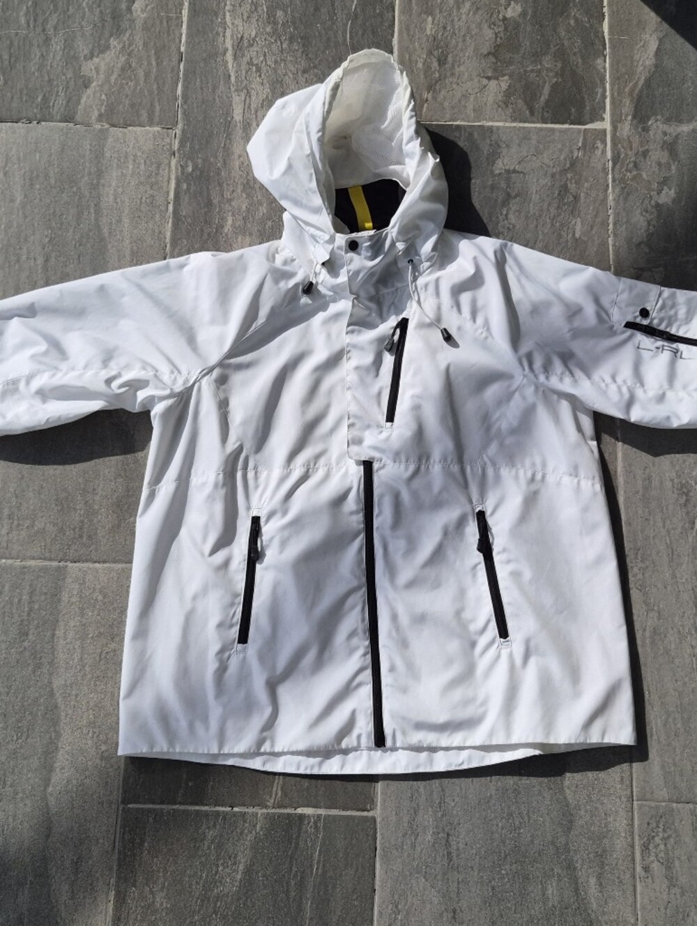 Ralph Lauren White Hooded Waterproof Raincoat with Black Zippers